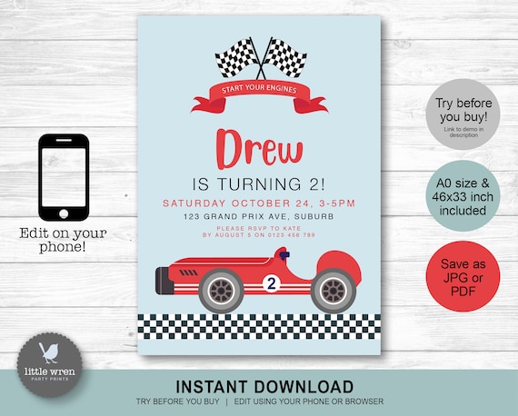 Racing car invitation, INSTANT DOWNLOAD, Vintage car invite, Roadster, race car, red, grand prix, two fast, car party, printable, digital