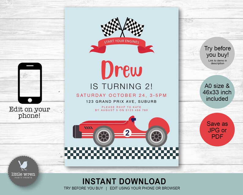 May include: Editable printable invitation for a 2nd birthday party with a race car theme. The invitation features a red race car with a checkered flag background and the text "Start Your Engines" and "Drew is Turning 2!" The invitation also includes the date, time, and location of the party.
