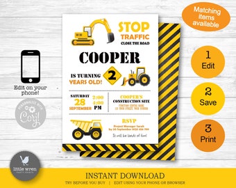 Construction Party Invitation, INSTANT DOWNLOAD, invite, Construction birthday party, digger, dump Truck, digital file, editable