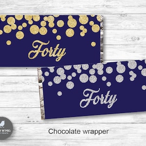 Quarenta embalagens de chocolate, marinho e dourado, marinho e prata, lembrancinha, embalagem de doces hersheys, 40º aniversário, 30º, 50º, 60º, chocolate aldi