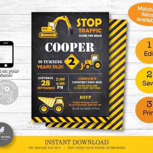 Construction Party Invitation, INSTANT DOWNLOAD, construction invitation, Construction birthday party, digger, dump Truck, digital fil