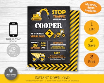 Construction Party Invitation, INSTANT DOWNLOAD, construction invitation, Construction birthday party, digger, dump Truck, digital fil