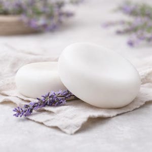 Può includere: Due saponette bianche ovali poggiano su un panno di lino beige, con un rametto di lavanda viola. I saponi hanno una forma liscia e arrotondata. Rametti di lavanda sono anche sullo sfondo, creando un'estetica da spa.