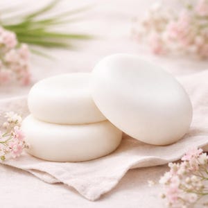 Op de afbeelding: Drie witte ovale zepen zijn gestapeld op een lichtroze doek, met een paar zepen die tegen elkaar leunen. De zepen zijn glad en hebben een zachte, afgeronde vorm. Roze bloemen en groene bladeren zijn op de achtergrond.