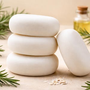 Op de afbeelding: Een stapel van vier witte ovale zepen, met één die tegen de stapel leunt. Groene rozemarijntakken en een klein flesje olie met een kurk in de achtergrond. Havervlokken zijn rond de zepen verspreid.