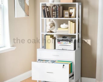 2-Drawer File Cabinet, Vertical Filing Cabinet with Lock & Bookshelf