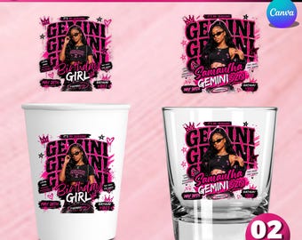 Gemini Birthday Sticker, Editable Canva Cup Wrap, Shot Glass Label, Pink Party Favor Design, Digital Download