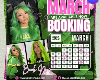 March Booking Flyer Template, Hair Stylist Promo Canva, Green Glam Beauty Sale Post, Editable Appointment Calendar Design