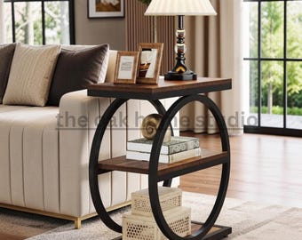 Industrial 3 Tier End Table Sofa Side Nightstand Storage Shelf Round Metal Frame Wooden