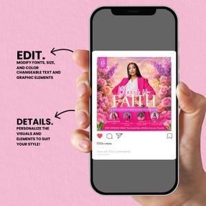 Editable Canva template flyer for a spiritual growth and renewal event, "Bloom in Faith" conference. Digital download for empowering women.