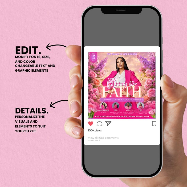 Editable Canva template flyer for a spiritual growth and renewal event, "Bloom in Faith" conference. Digital download for empowering women.