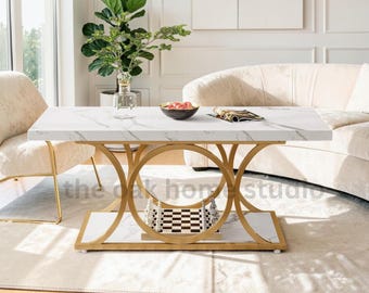 Modern Faux Marble Coffee Table, Rectangle 2 Tier Center Table with Storage Shelf, Living Room Cocktail Coffee Table