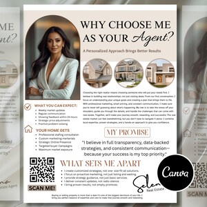 Editable Real Estate Agent Flyer highlighting personalized approach, marketing strategies, and client promise. Customizable Canva template for real estate professionals. Instant download.
