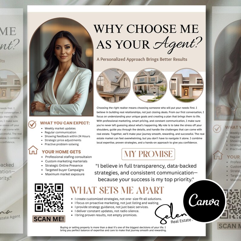 Editable Real Estate Agent Flyer highlighting personalized approach, marketing strategies, and client promise. Customizable Canva template for real estate professionals. Instant download.