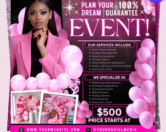 Event Planning Flyer Editable Canva Template Party Theme Design Budget Management Catering Services Birthday Wedding Event Invite Digital