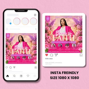 Editable Canva template flyer for a spiritual growth and renewal event, "Bloom in Faith" conference. Digital download for empowering women.