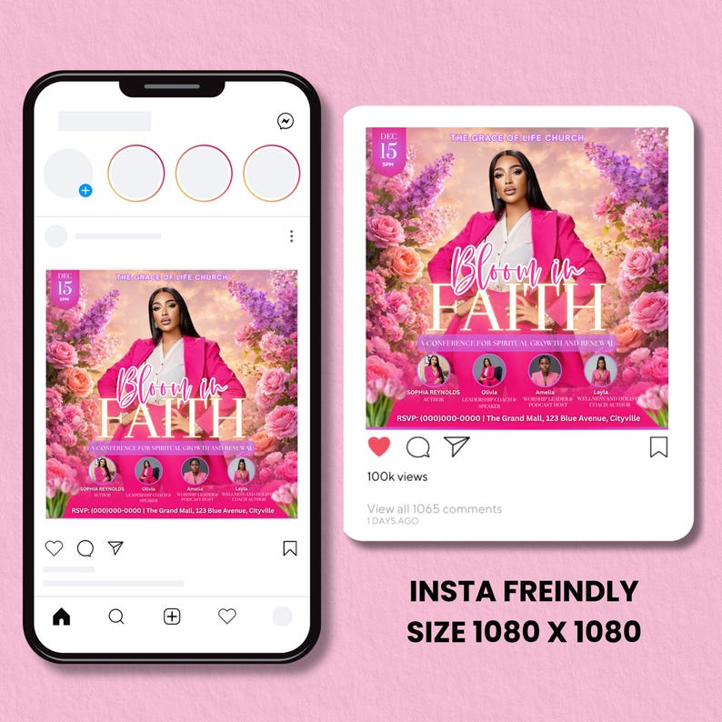 Editable Canva template flyer for a spiritual growth and renewal event, "Bloom in Faith" conference. Digital download for empowering women.