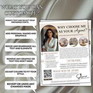 Editable Real Estate Agent Flyer highlighting personalized approach, marketing strategies, and client promise. Customizable Canva template for real estate professionals. Instant download.