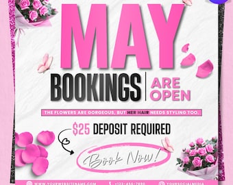 Bearbeitbarer Mai-Buchungsflyer, Frühlingshaar-Buchungsvorlage, stilvoller Beauty-Flyer, sofortiger Download, anpassbare Canva-Vorlage, Schönheitssalon