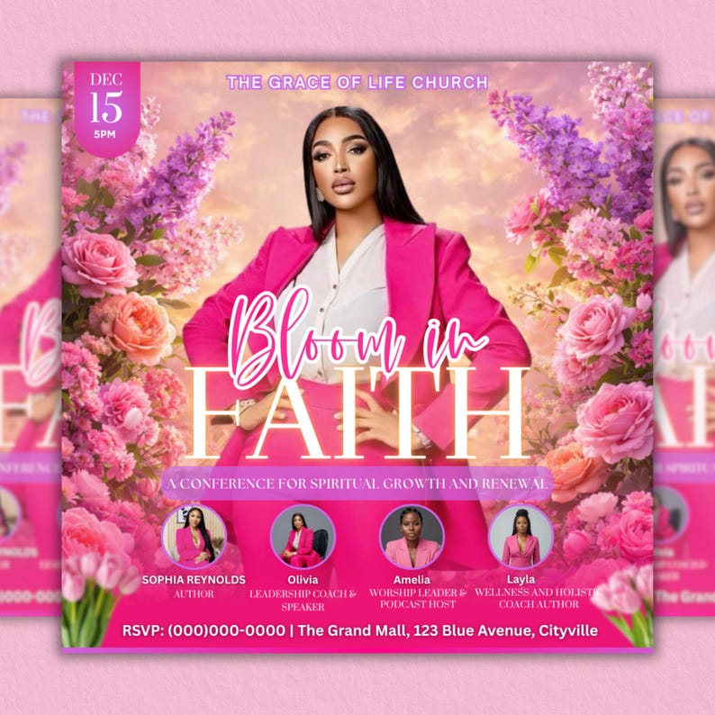Editable Canva template flyer for a spiritual growth and renewal event, "Bloom in Faith" conference. Digital download for empowering women.