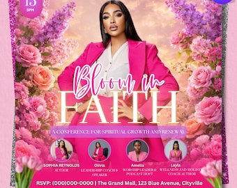 Bloom in Faith Flyer, Spiritual Growth Event, Conference Invitation, Editable Canva Template, Digital Download, Women Empowerment Flyer