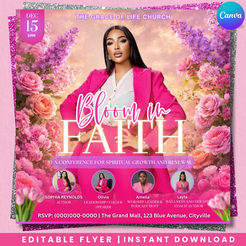 Editable Canva template flyer for a spiritual growth and renewal event, "Bloom in Faith" conference. Digital download for empowering women.