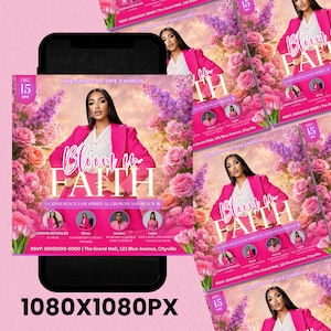 Editable Canva template flyer for a spiritual growth and renewal event, "Bloom in Faith" conference. Digital download for empowering women.