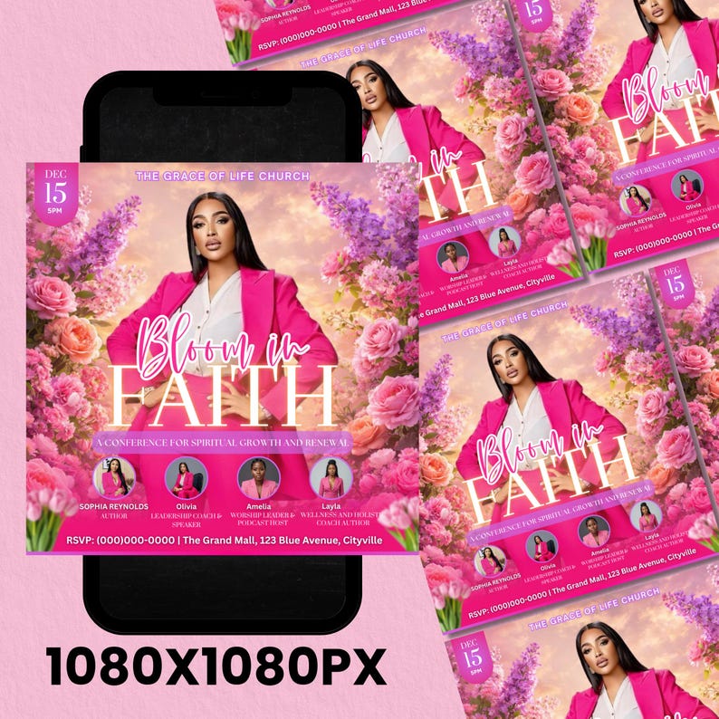 Editable Canva template flyer for a spiritual growth and renewal event, "Bloom in Faith" conference. Digital download for empowering women.
