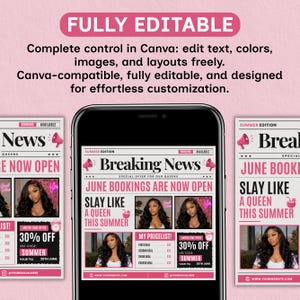 breaking news June booking flyer, pink beauty salon Canva template, hair stylist promotion, summer booking social media flyer, editable sale post