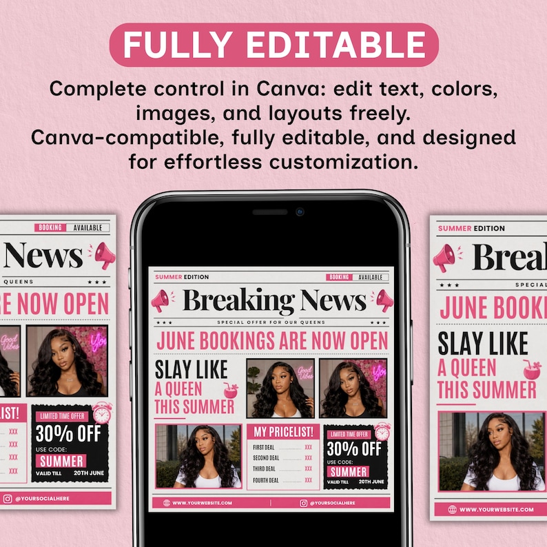 breaking news June booking flyer, pink beauty salon Canva template, hair stylist promotion, summer booking social media flyer, editable sale post