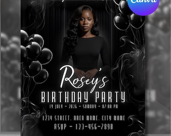 Elegant Birthday Party Flyer, Editable Canva Template, Black & White Theme, Instant Download, Customizable Event Promo