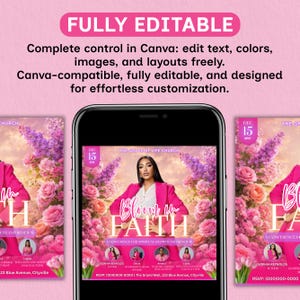 Editable Canva template flyer for a spiritual growth and renewal event, "Bloom in Faith" conference. Digital download for empowering women.