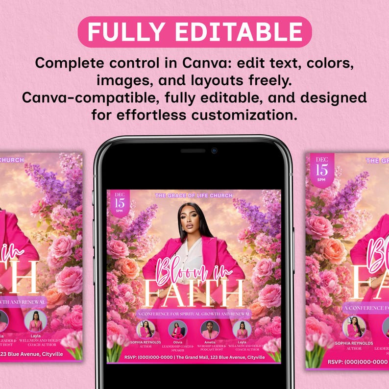 Editable Canva template flyer for a spiritual growth and renewal event, "Bloom in Faith" conference. Digital download for empowering women.