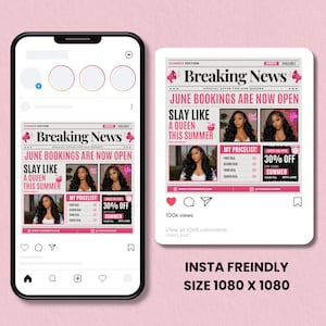 breaking news June booking flyer, pink beauty salon Canva template, hair stylist promotion, summer booking social media flyer, editable sale post