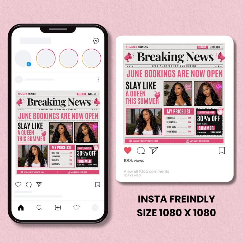 breaking news June booking flyer, pink beauty salon Canva template, hair stylist promotion, summer booking social media flyer, editable sale post