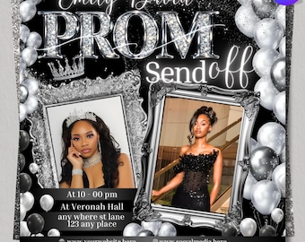 Prom Send off Party Flyer | Editable Canva Template | Glamorous Black & Silver Design | Instant Digital Download | Customizable Invitation