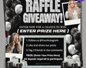 Raffle Giveaway Flyer Template, Instagram Contest Promo Design, Prize Draw Post, Business Marketing Graphic, Canva Editable Download