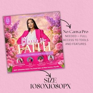 Editable Canva template flyer for a spiritual growth and renewal event, "Bloom in Faith" conference. Digital download for empowering women.