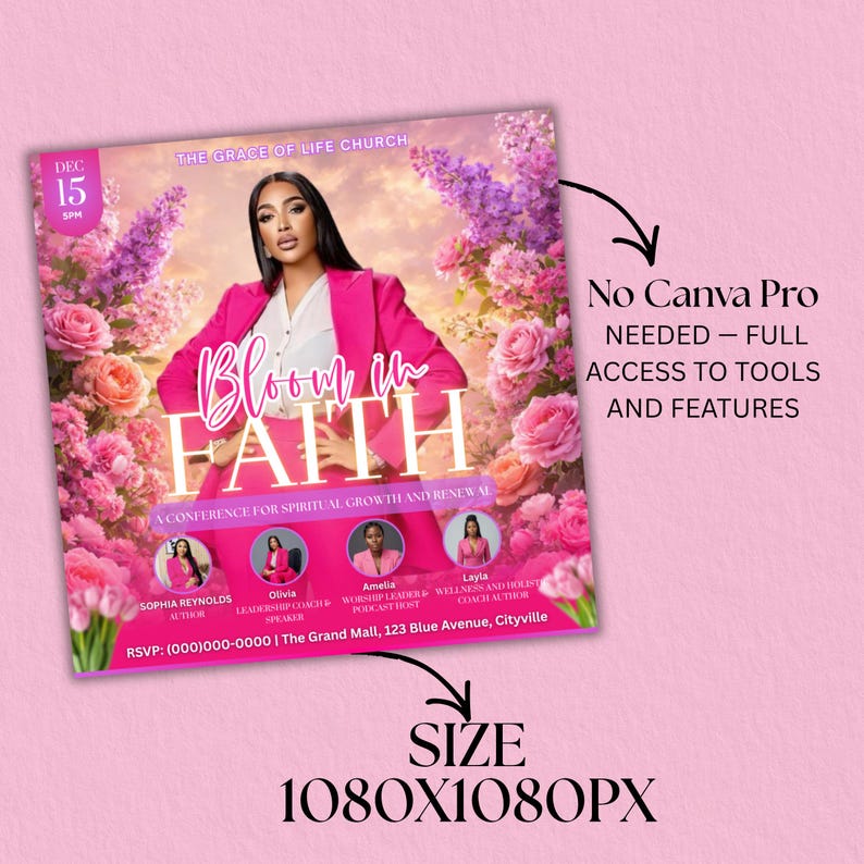 Editable Canva template flyer for a spiritual growth and renewal event, "Bloom in Faith" conference. Digital download for empowering women.
