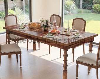 62" Farmhouse Dining Table, Solid Wood Kitchen Table With Turned Legs, Seats 4-6