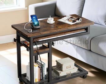 Mobile C Table with Power Outlet, Adjustable Rolling Laptop Desk