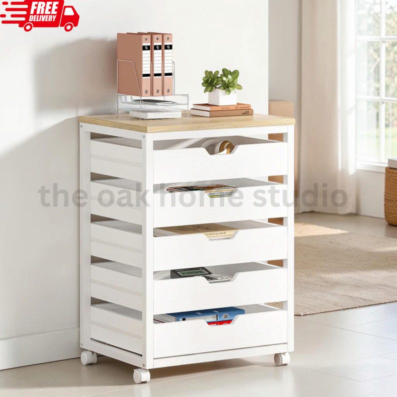 File File Box Drawer 5 Drawer File Cabinet, Rolling Office Storage Chest, Mobile Wood Filing ...
