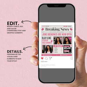breaking news June booking flyer, pink beauty salon Canva template, hair stylist promotion, summer booking social media flyer, editable sale post