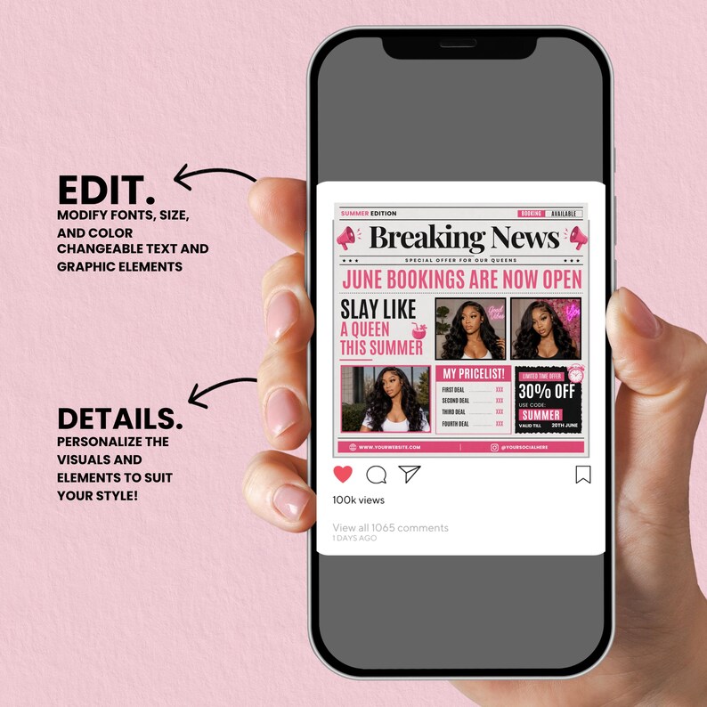 breaking news June booking flyer, pink beauty salon Canva template, hair stylist promotion, summer booking social media flyer, editable sale post
