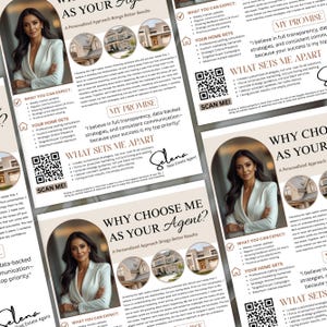 Editable Real Estate Agent Flyer highlighting personalized approach, marketing strategies, and client promise. Customizable Canva template for real estate professionals. Instant download.