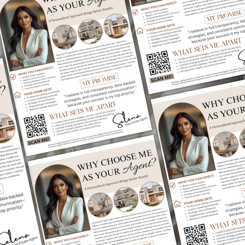 Editable Real Estate Agent Flyer highlighting personalized approach, marketing strategies, and client promise. Customizable Canva template for real estate professionals. Instant download.