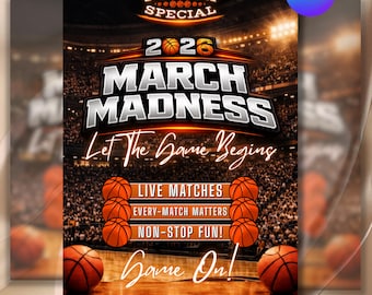 March Madness 2026 Basketball Flyer, Live Matches Invite, Non-Stop Fun Event, Editable Canva Template, Sports Party Invitation