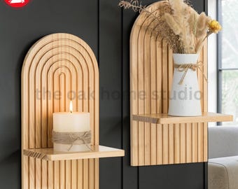 Boho Wood Sconces Set of 2 Arch Display Shelves Mid Century Rustic Home Decor Accent