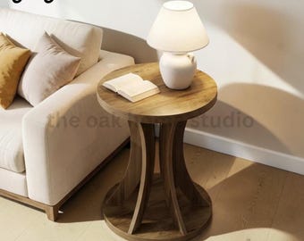 17.71" Round Side Table, Curved Frame, Wood-Look Finish, Two-Tier Storage