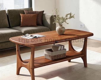 47" Solid Wood Coffee Table, Mid-Century Modern 2-Tier Living Room Table